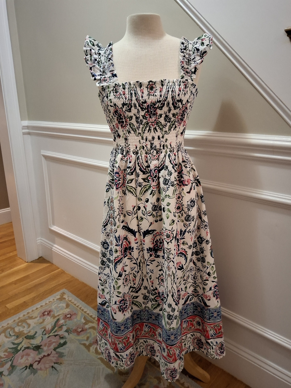 Anne Klein White Floral Smocked Maxi Dress with Pink, Red & Blue Floral Design